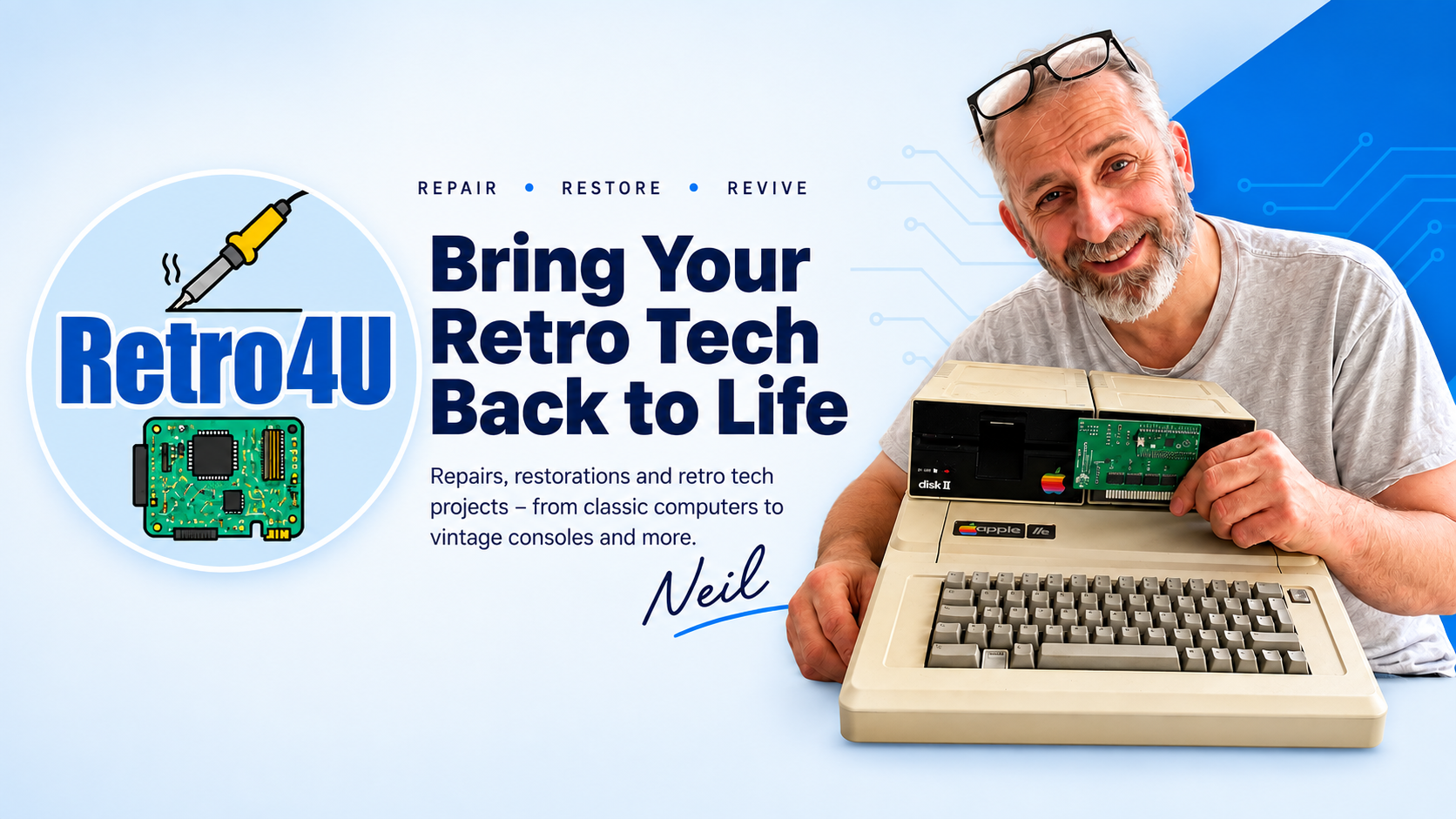 Retro4u hero featuring Neil with an Apple IIe